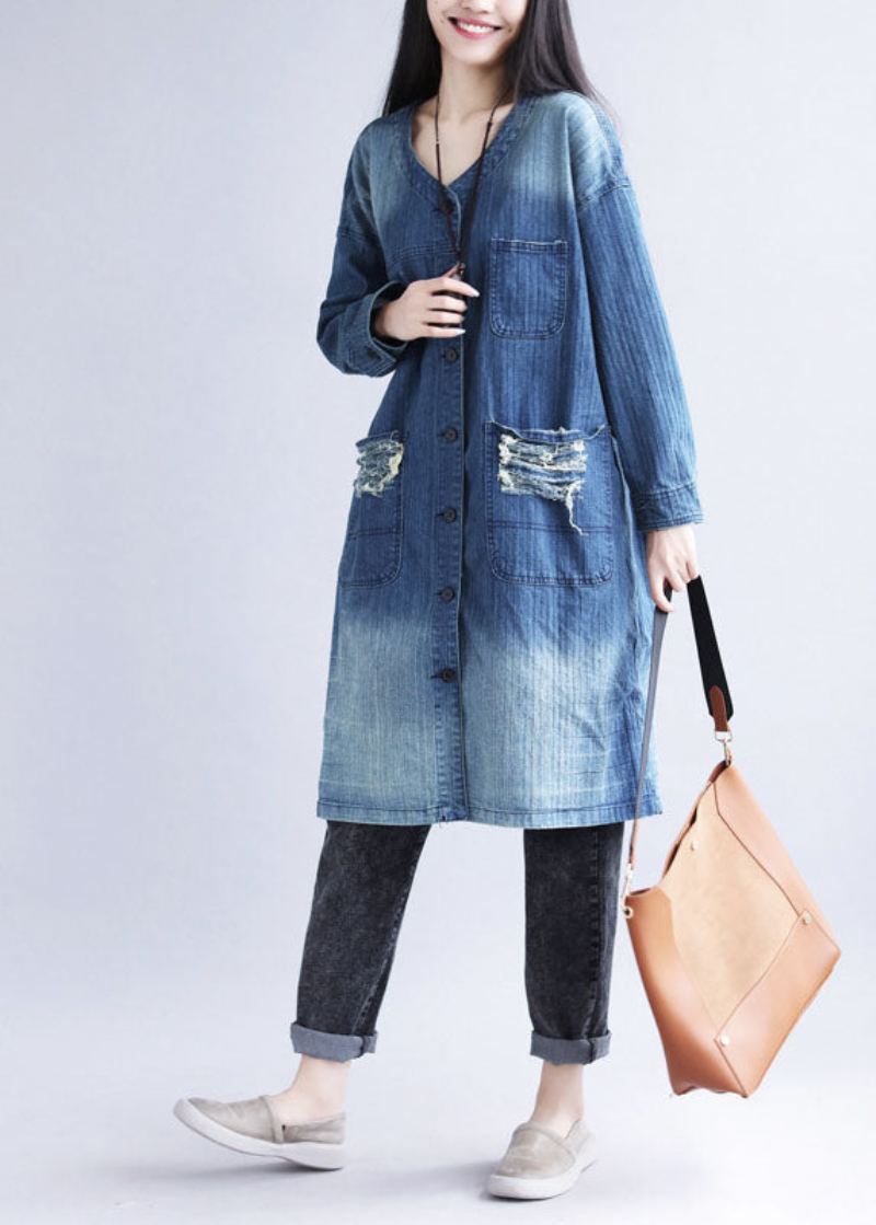 Décontracté Bleu Col En V Poches Déchirées Imprimé Coton Denim Trench Printemps - Trenchs femmes