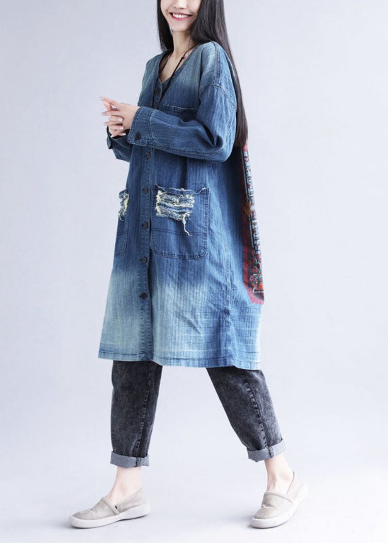 Décontracté Bleu Col En V Poches Déchirées Imprimé Coton Denim Trench Printemps - Trenchs femmes