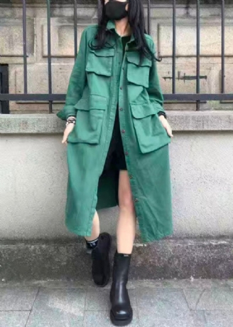 Décontracté Vert Col Claudine Poches Patchwork Coton Trench Automne