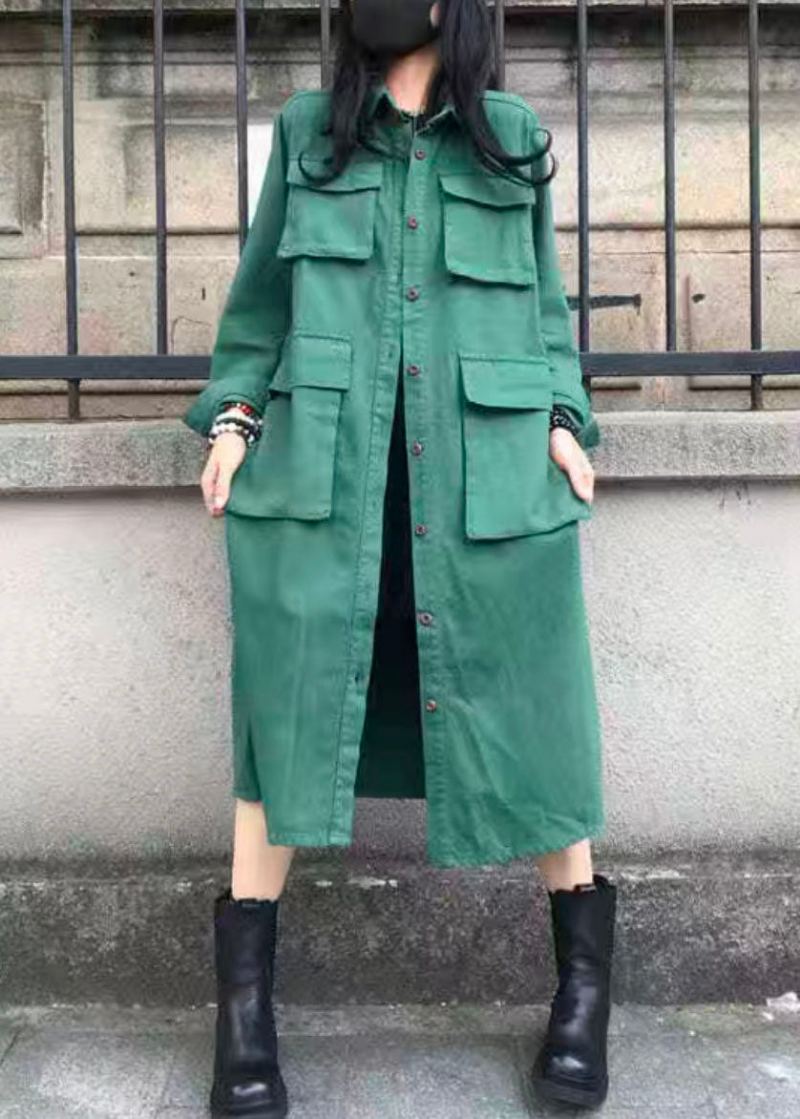 Décontracté Vert Col Claudine Poches Patchwork Coton Trench Automne - Trenchs femmes