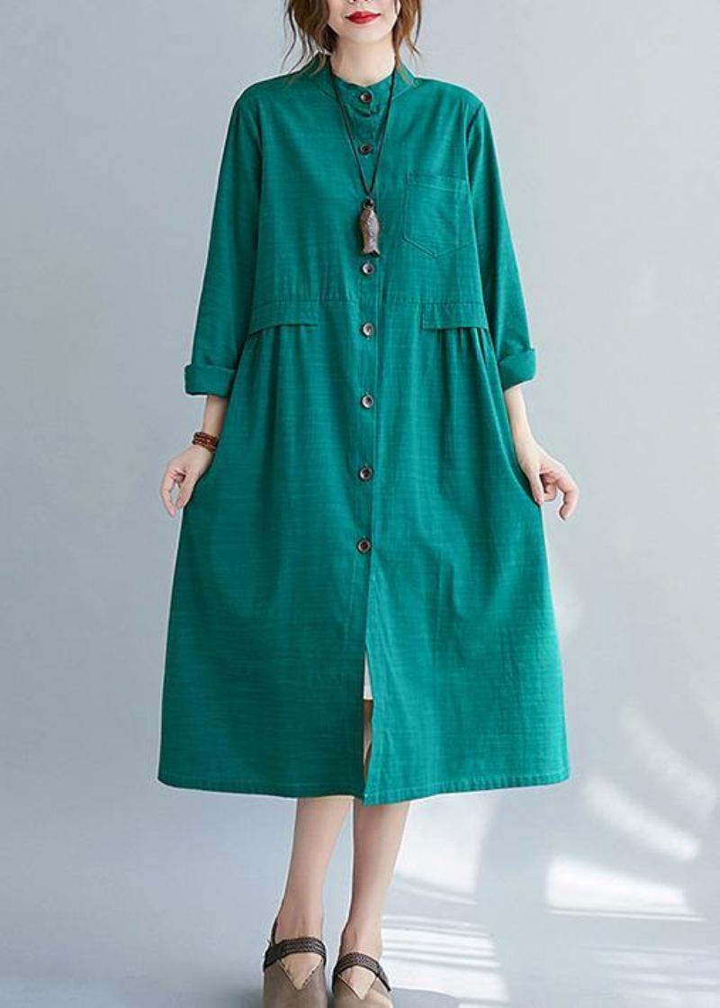 Diy Col Montant Boutonné Printemps Quilting Vêtements Chemises Vert Robes De Grande Taille - Vert