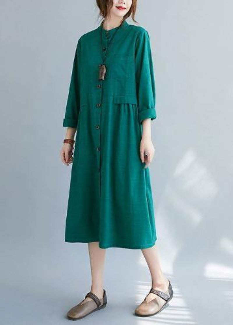 Diy Col Montant Boutonné Printemps Quilting Vêtements Chemises Vert Robes De Grande Taille - Vert