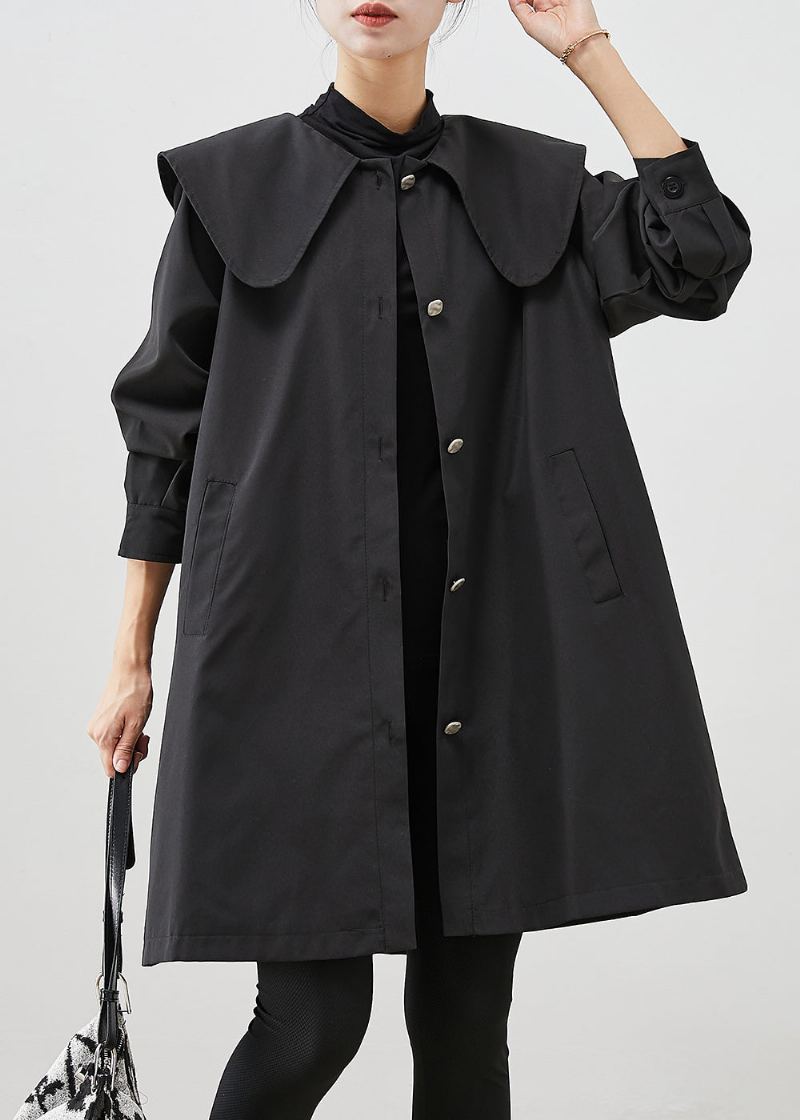 Élégant Noir Col Claudine Poches Coton Manteau Vêtements D'extérieur Automne