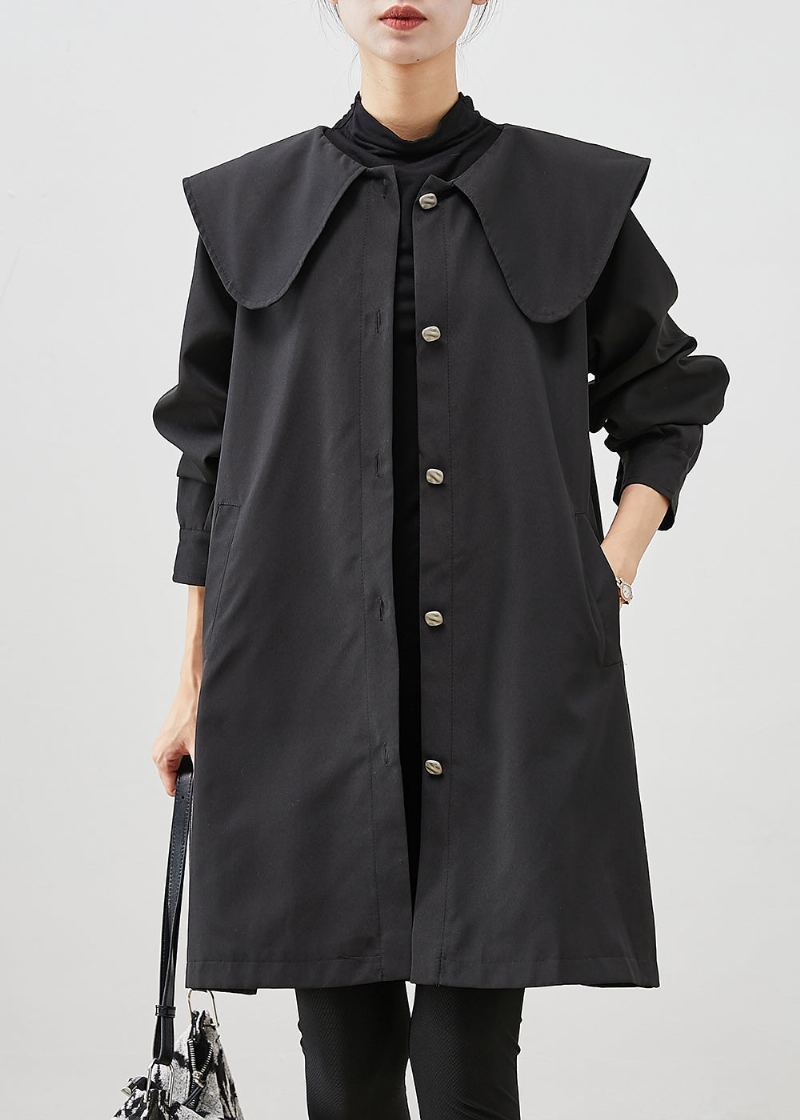 Élégant Noir Col Claudine Poches Coton Manteau Vêtements D'extérieur Automne - Trenchs femmes