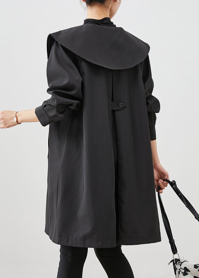 Élégant Noir Col Claudine Poches Coton Manteau Vêtements D'extérieur Automne - Trenchs femmes