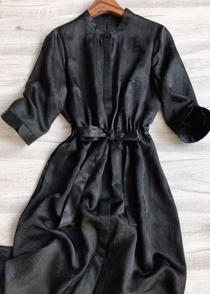 Élégant Noir O Cou Jacquard Cordon Soie Cinch Robes Printemps