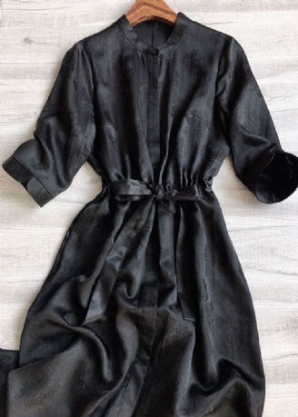 Élégant Noir O Cou Jacquard Cordon Soie Cinch Robes Printemps