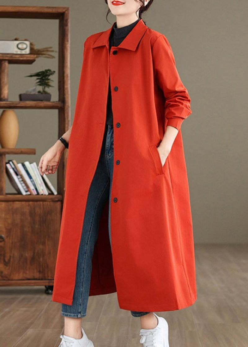 Élégant Rouge Col Claudine Bouton Coton Trench Manteau Printemps