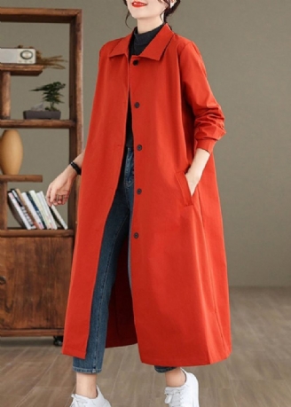 Élégant Rouge Col Claudine Bouton Coton Trench Manteau Printemps