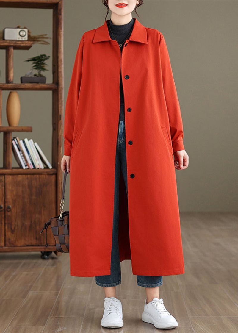 Élégant Rouge Col Claudine Bouton Coton Trench Manteau Printemps - Trenchs femmes