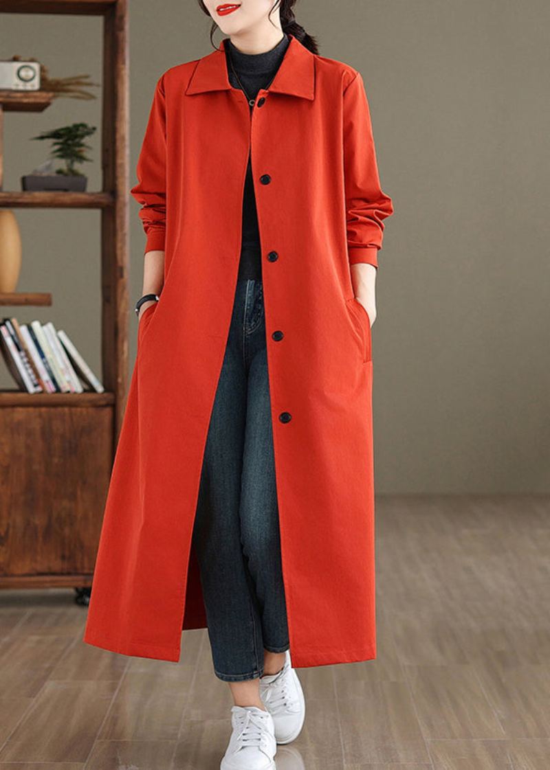 Élégant Rouge Col Claudine Bouton Coton Trench Manteau Printemps - Trenchs femmes