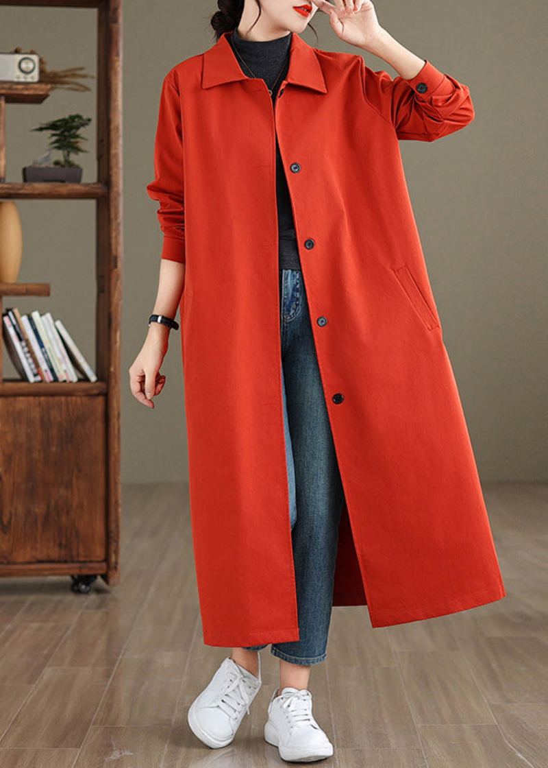 Élégant Rouge Col Claudine Bouton Coton Trench Manteau Printemps - Trenchs femmes