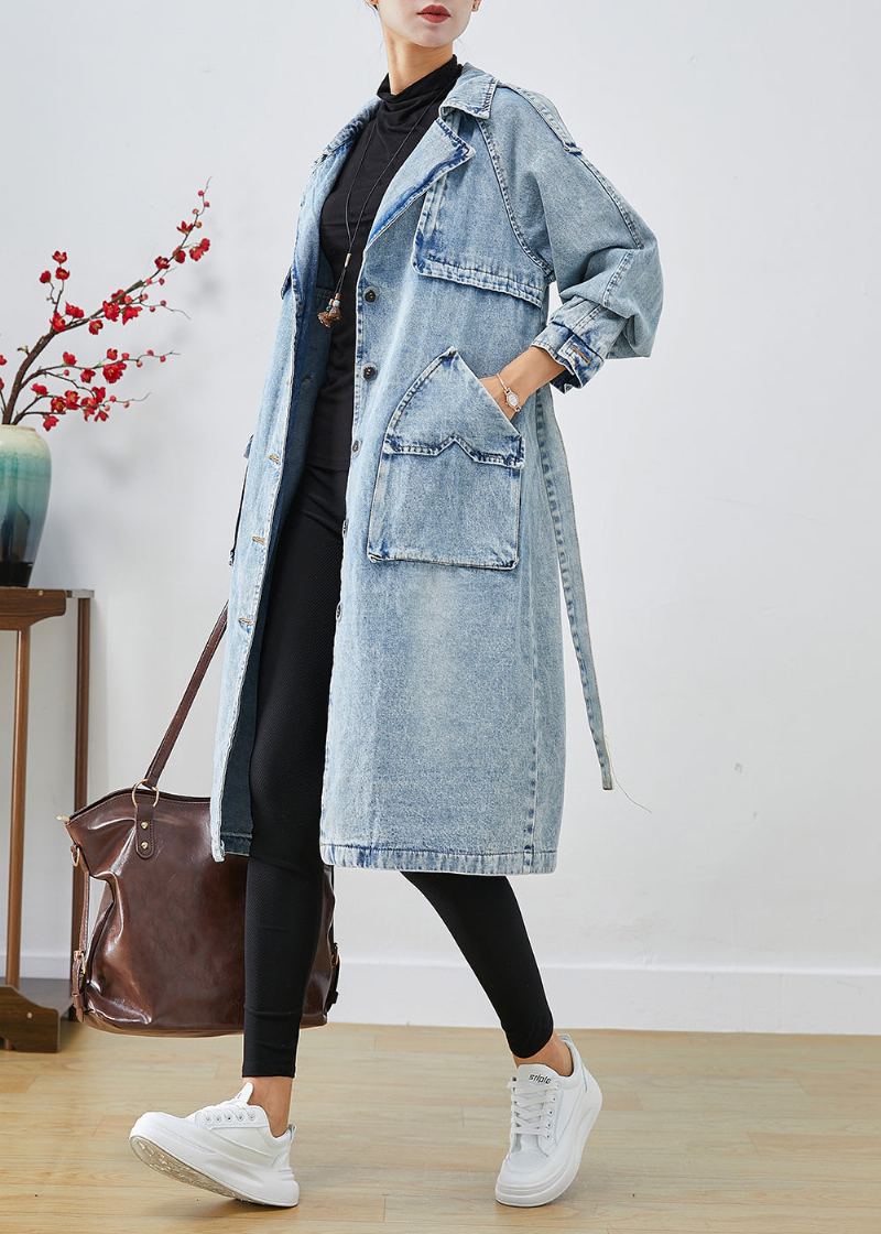 Femmes Bleu Clair Revers Patchwork Denim Trench Manteaux Automne