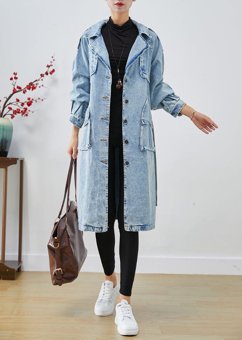 Femmes Bleu Clair Revers Patchwork Denim Trench Manteaux Automne - Trenchs femmes