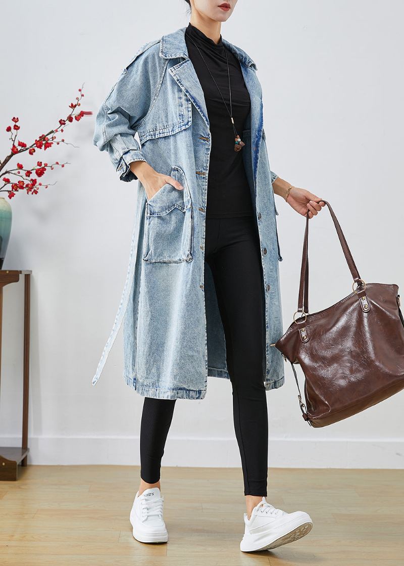 Femmes Bleu Clair Revers Patchwork Denim Trench Manteaux Automne - Trenchs femmes