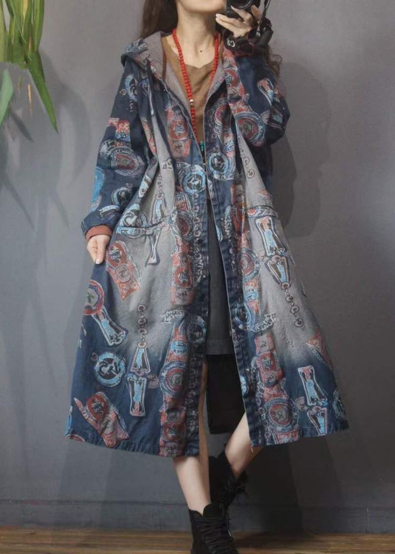 Femmes Bleu Imprimé Bouton Poches Coton À Capuche Denim Trench Manteau À Manches Longues