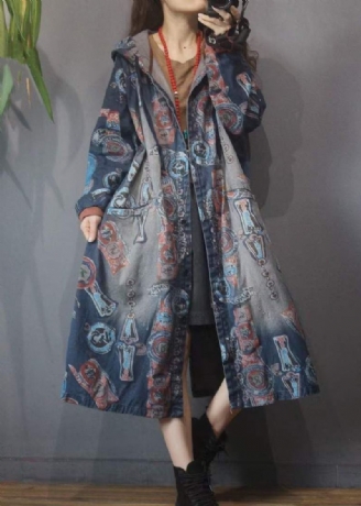 Femmes Bleu Imprimé Bouton Poches Coton À Capuche Denim Trench Manteau À Manches Longues