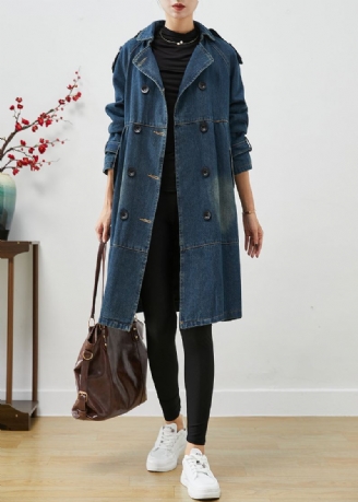 Femmes Bleu Surdimensionné Double Boutonnage Denim Trench Manteaux Automne