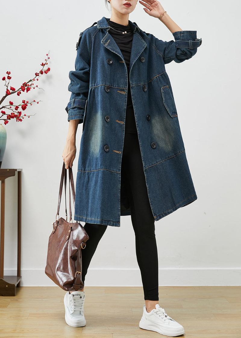 Femmes Bleu Surdimensionné Double Boutonnage Denim Trench Manteaux Automne - Trenchs femmes