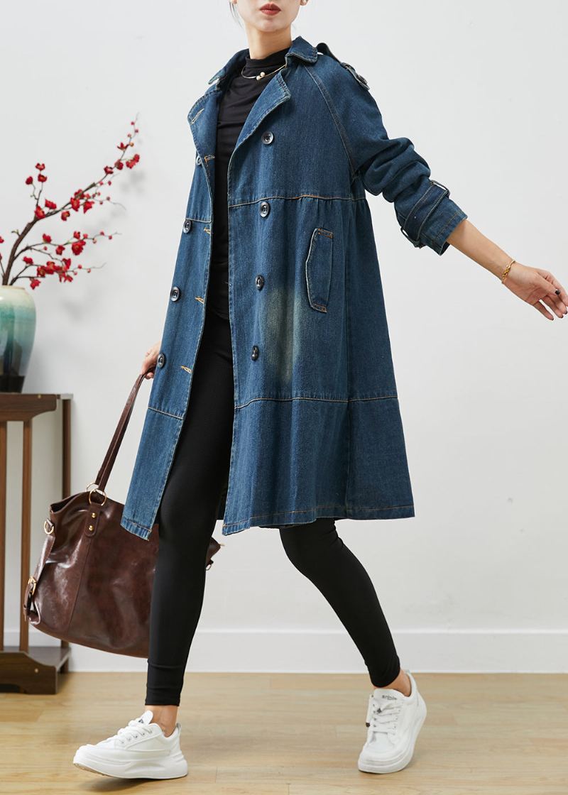 Femmes Bleu Surdimensionné Double Boutonnage Denim Trench Manteaux Automne - Trenchs femmes