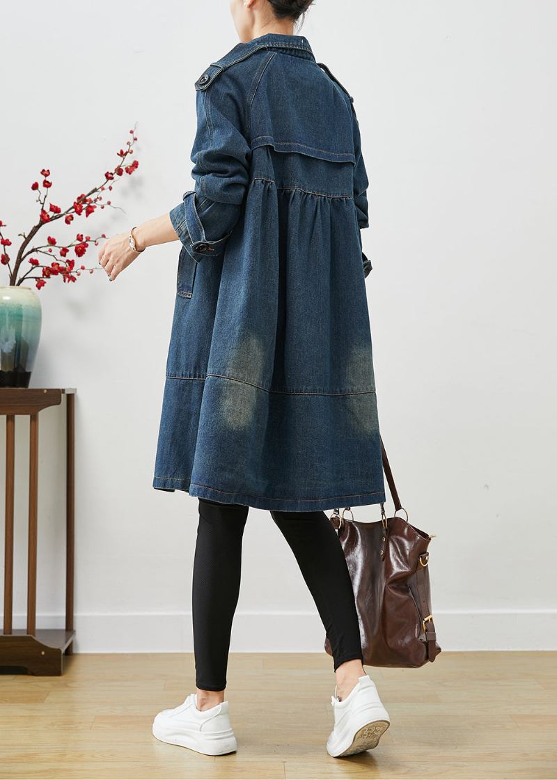 Femmes Bleu Surdimensionné Double Boutonnage Denim Trench Manteaux Automne - Trenchs femmes