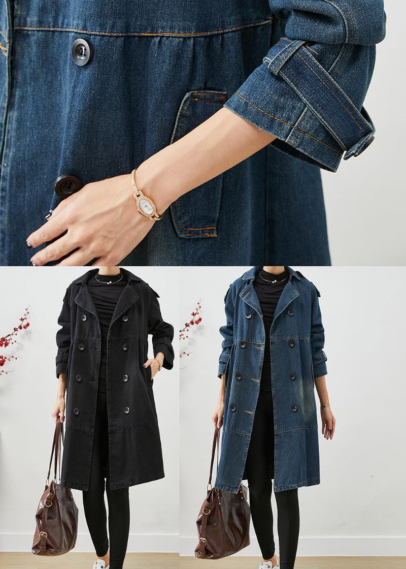 Femmes Bleu Surdimensionné Double Boutonnage Denim Trench Manteaux Automne - Trenchs femmes