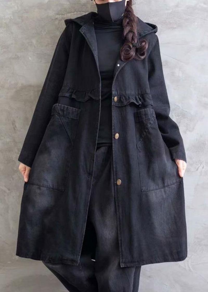 Femmes Grande Taille Pardessus Denim Noir À Capuche Volants Vêtements D'extérieur