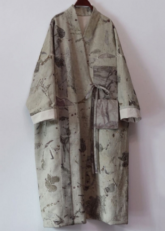 Femmes Gris Foncé Col En V À Lacets Patchwork Coton Longs Trench Manteaux Automne