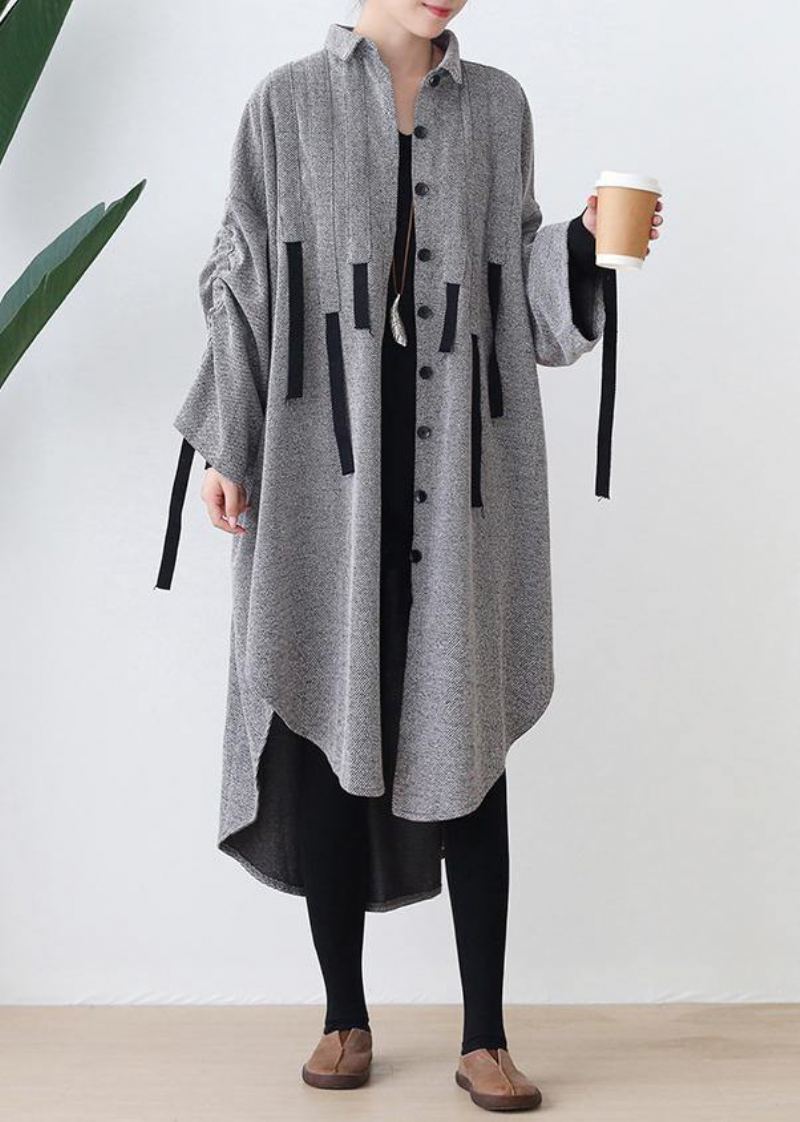 Femmes Revers Bas Haute Conception Coton Tunique Haut Travail Gris Robe Robes - Noir