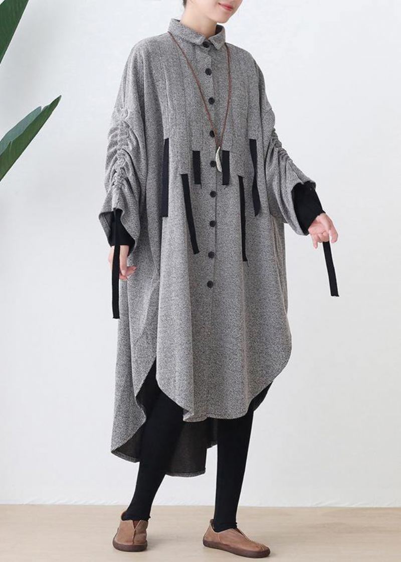 Femmes Revers Bas Haute Conception Coton Tunique Haut Travail Gris Robe Robes - Noir