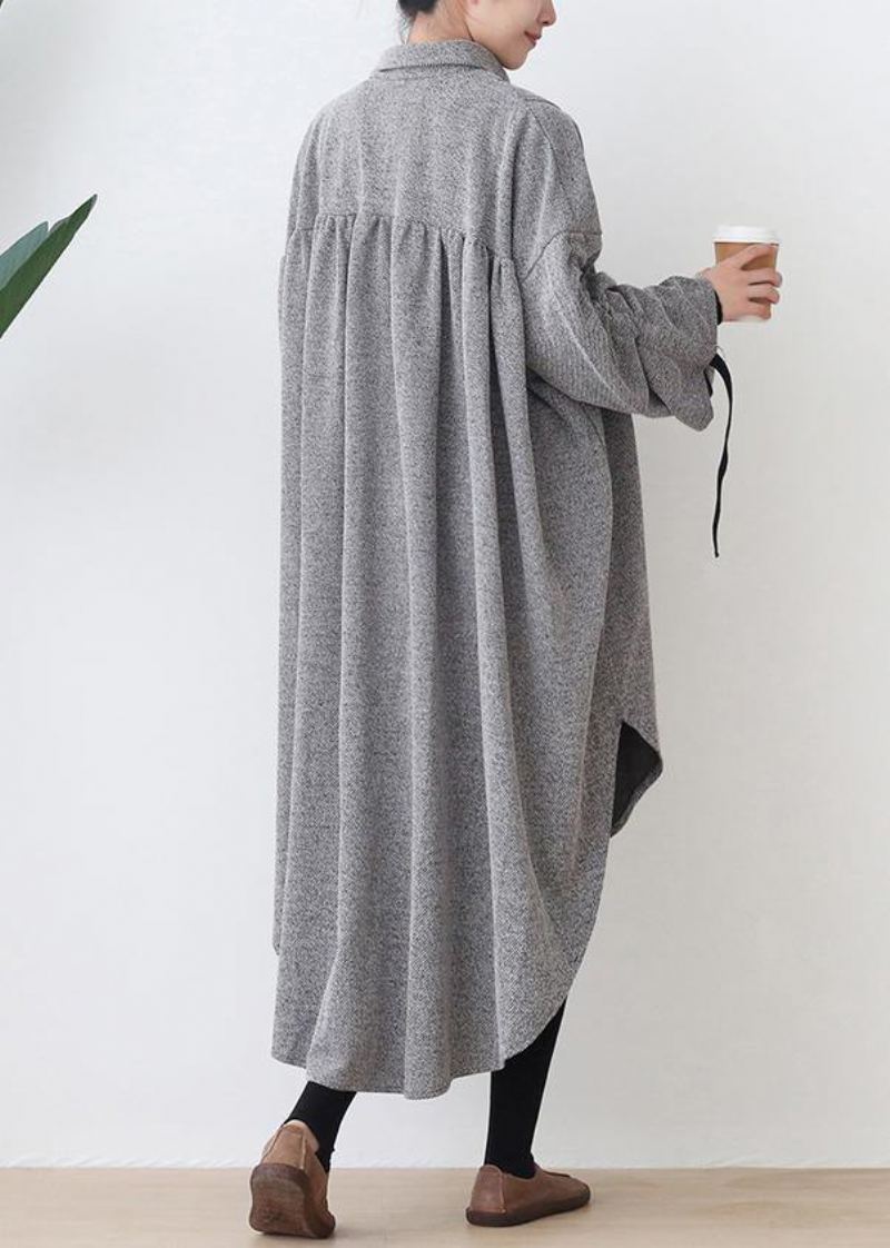 Femmes Revers Bas Haute Conception Coton Tunique Haut Travail Gris Robe Robes - Noir