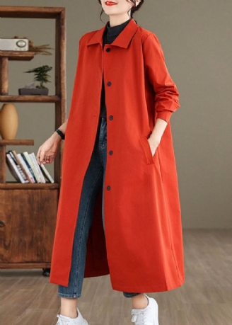 Femmes Rouge Col Claudine Poches Longue Trench Manteau À Manches Longues