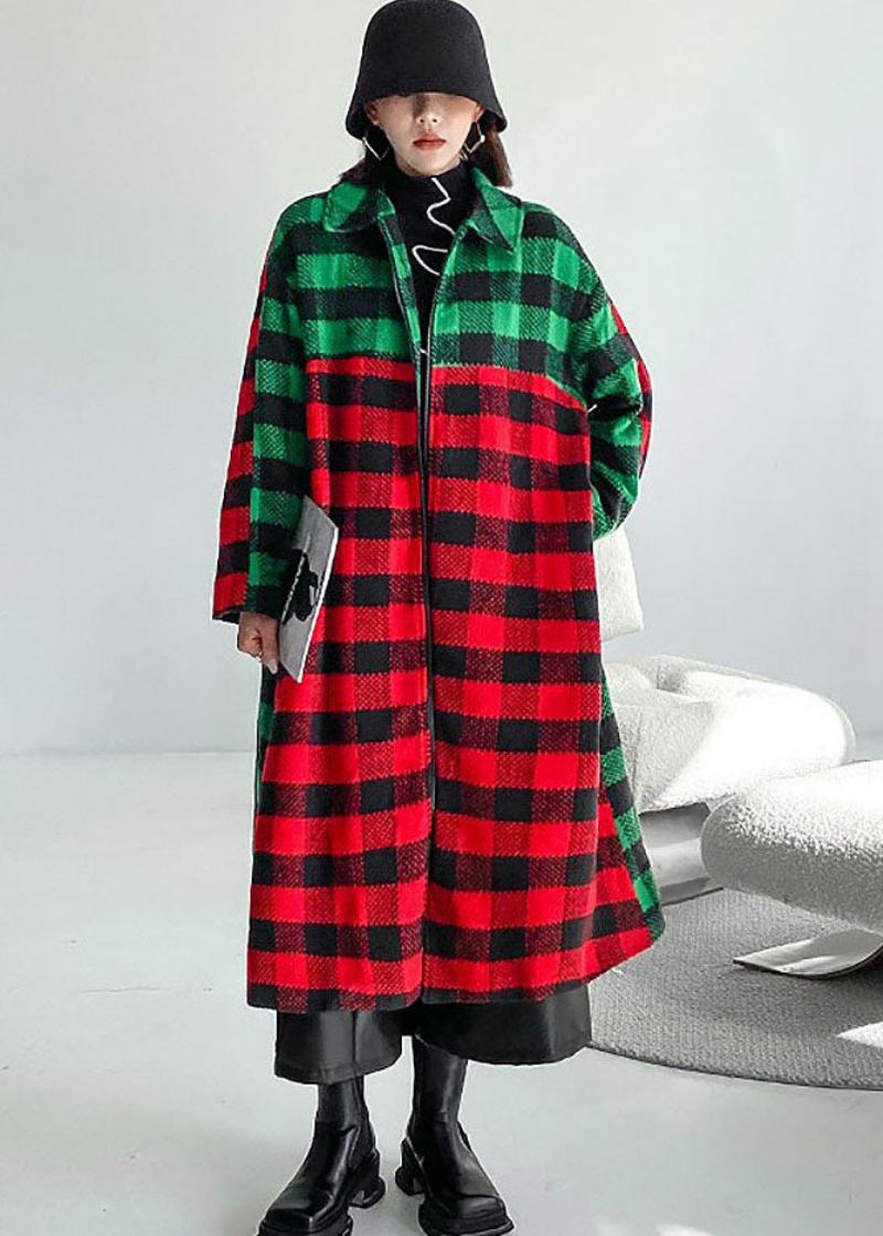 Femmes Rouge Vert Plaid Col Claudine Patchwork Laine Trench Hiver