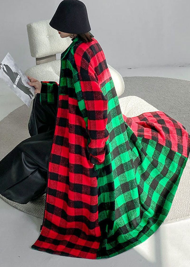 Femmes Rouge Vert Plaid Col Claudine Patchwork Laine Trench Hiver - Trenchs femmes