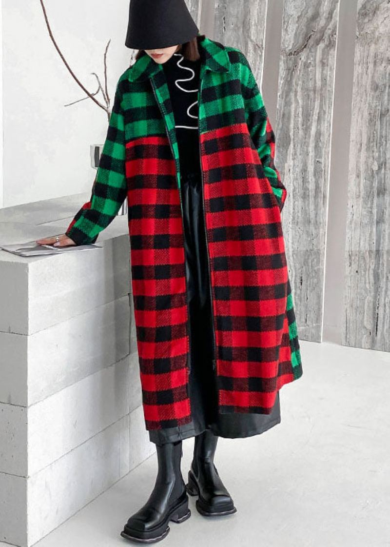 Femmes Rouge Vert Plaid Col Claudine Patchwork Laine Trench Hiver - Trenchs femmes