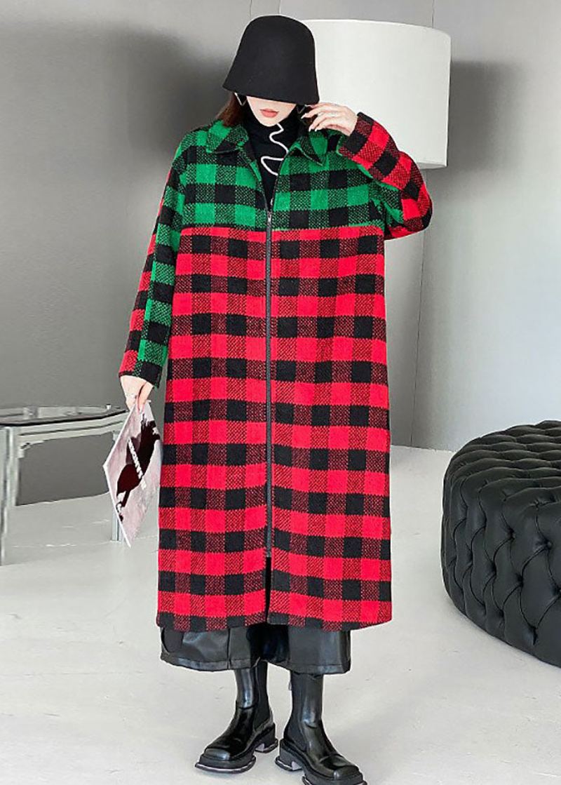 Femmes Rouge Vert Plaid Col Claudine Patchwork Laine Trench Hiver - Trenchs femmes