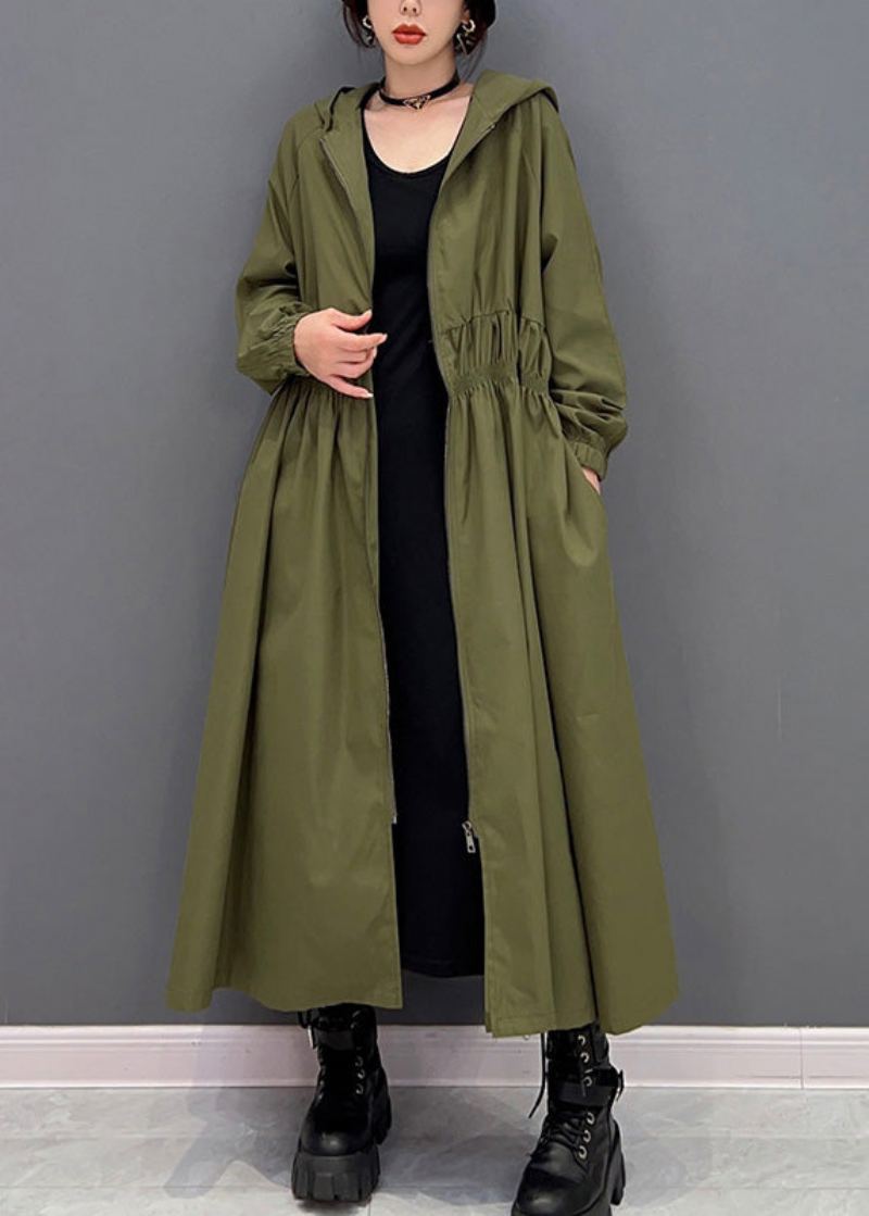 Femmes Vert Fermeture Éclair Froissé À Capuche Longue Trench Manteaux Printemps - Trenchs femmes