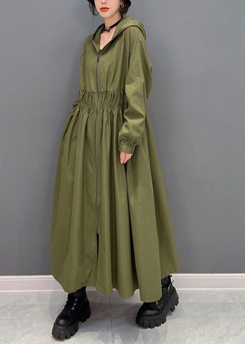 Femmes Vert Fermeture Éclair Froissé À Capuche Longue Trench Manteaux Printemps - Trenchs femmes