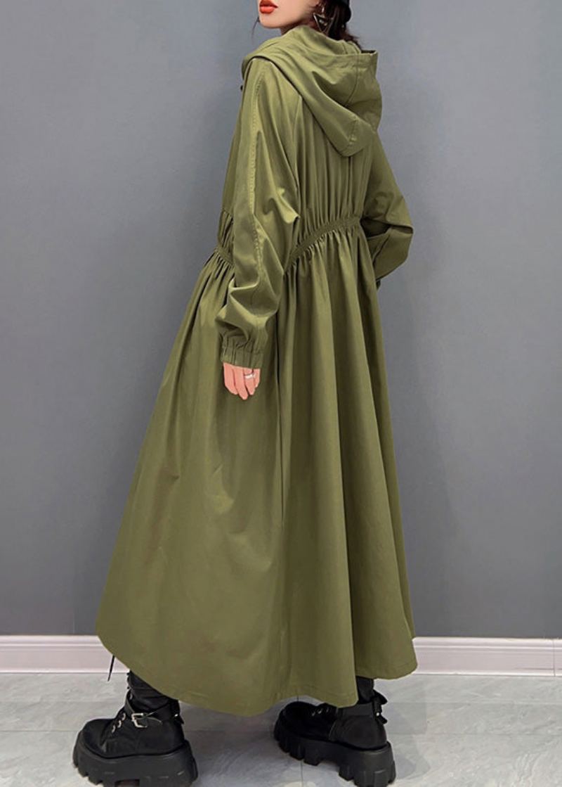 Femmes Vert Fermeture Éclair Froissé À Capuche Longue Trench Manteaux Printemps - Trenchs femmes