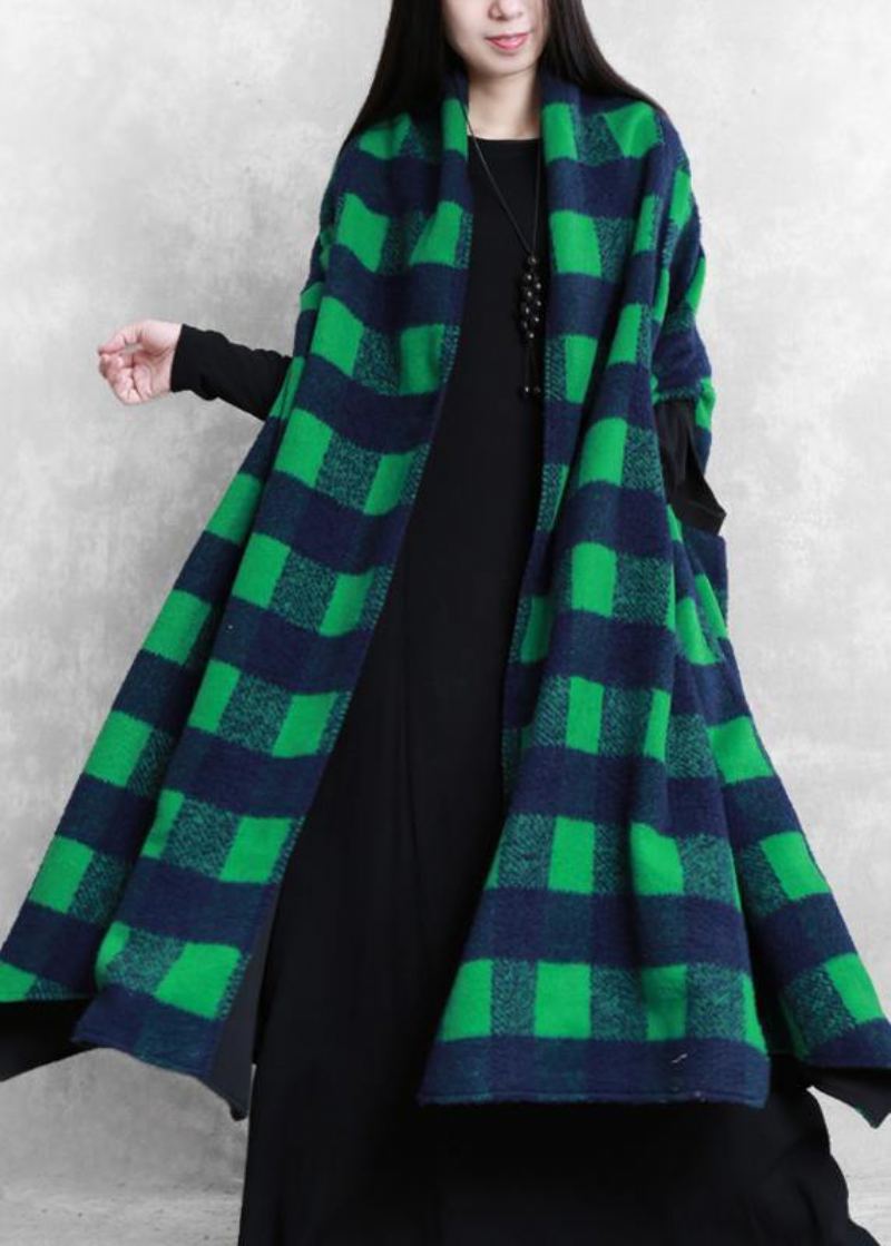 Femmes Vestes Décontractée Manteaux Vert Plaid Manches Chauve-souris Patchwork Laine Pardessus - Trenchs femmes