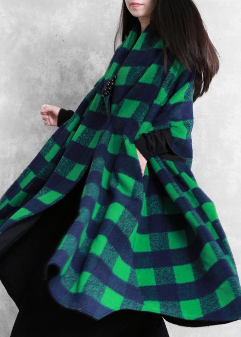 Femmes Vestes Décontractée Manteaux Vert Plaid Manches Chauve-souris Patchwork Laine Pardessus - Trenchs femmes