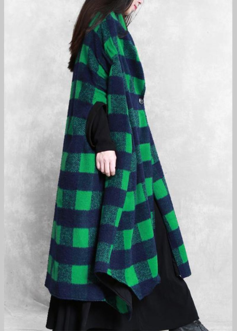 Femmes Vestes Décontractée Manteaux Vert Plaid Manches Chauve-souris Patchwork Laine Pardessus - Trenchs femmes