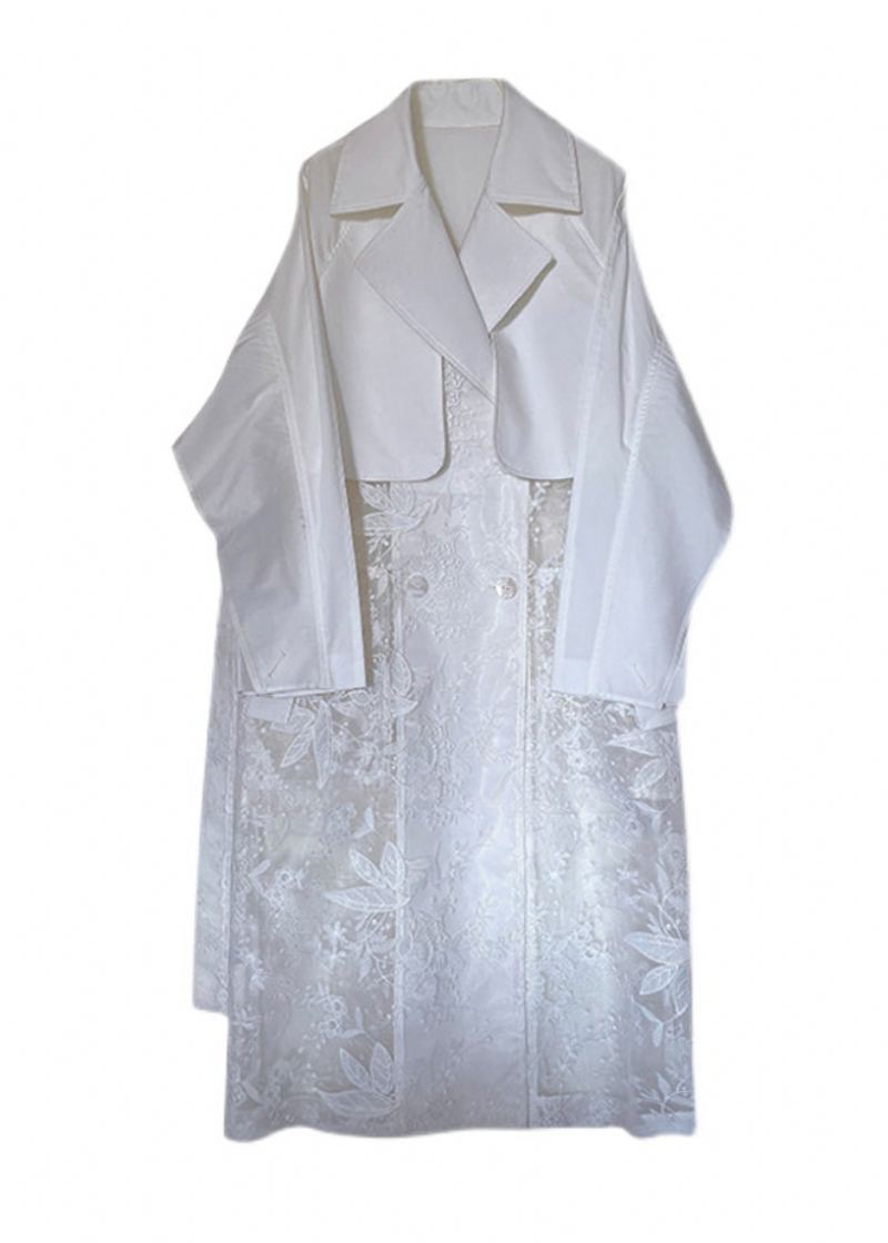 Français Blanc Col Claudine Poches Patchwork Dentelle Trench Automne - Trenchs femmes