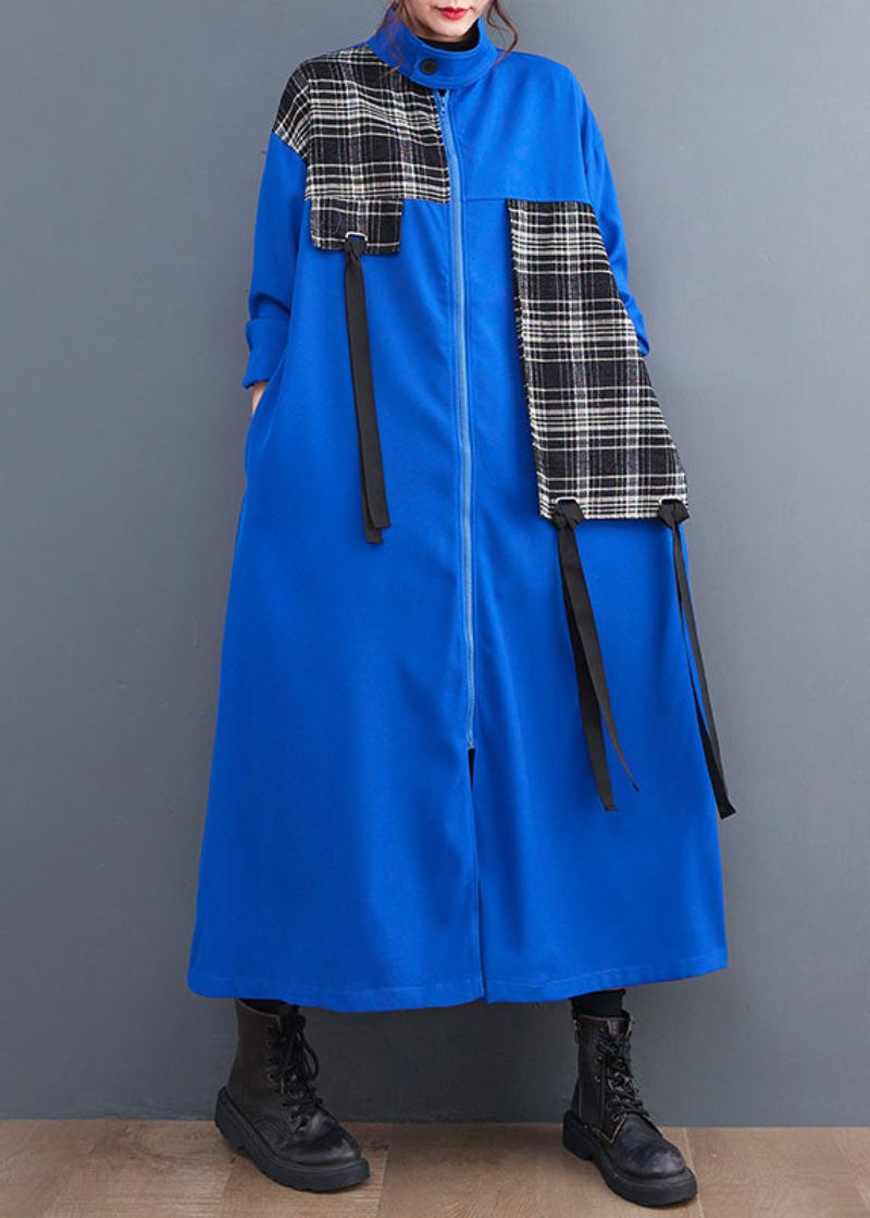 Français Bleu Col Claudine Plaid Patchwork Zippé Longs Trench Manteaux Printemps