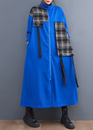 Français Bleu Col Claudine Plaid Patchwork Zippé Longs Trench Manteaux Printemps