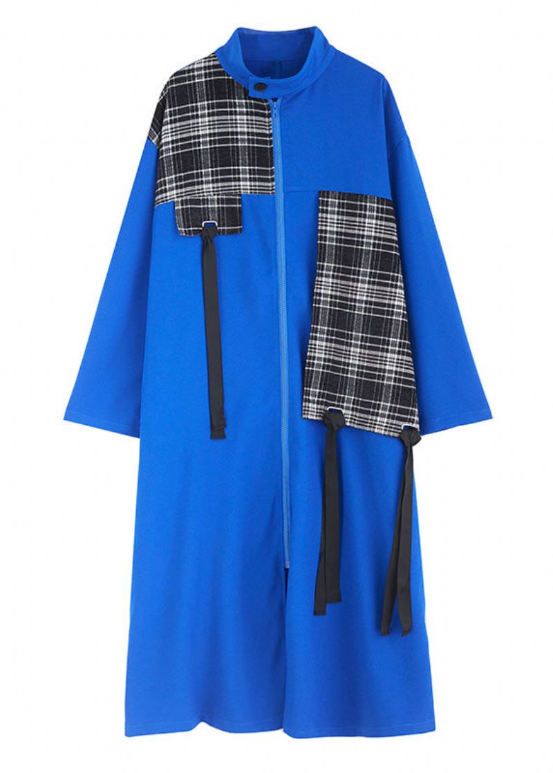 Français Bleu Col Claudine Plaid Patchwork Zippé Longs Trench Manteaux Printemps - Bleu