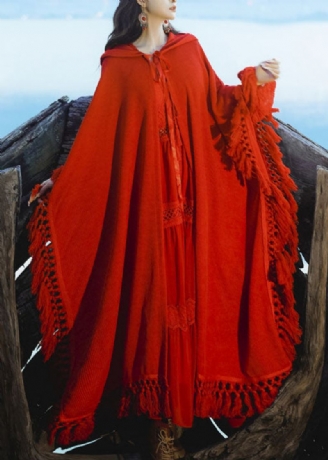 Français Rouge Gland À Capuche Patchwork Tricot Coton Cape Trench Automne