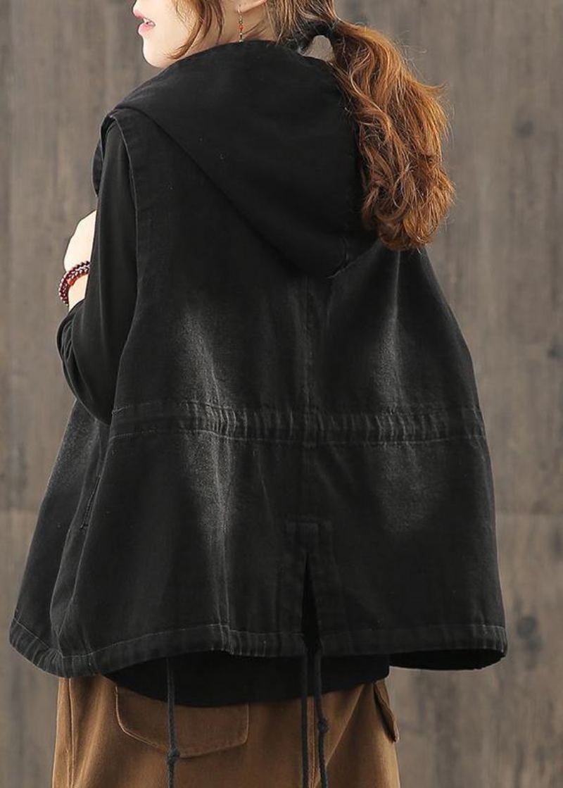 Gilet En Denim Noir Ample Grande Taille Outillage Double Boutonnage À Capuche Automne 2024 - Trenchs femmes