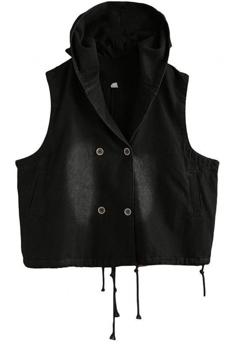 Gilet En Denim Noir Ample Grande Taille Outillage Double Boutonnage À Capuche Automne 2024 - Trenchs femmes