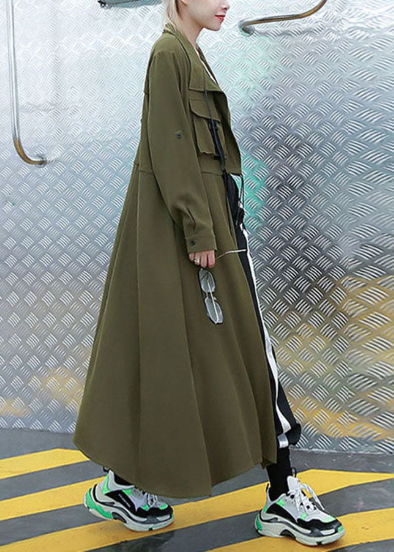 Grande Taille Armée Vert Poches Col Claudine Trench Asymétrique Manteau Printemps - Trenchs femmes